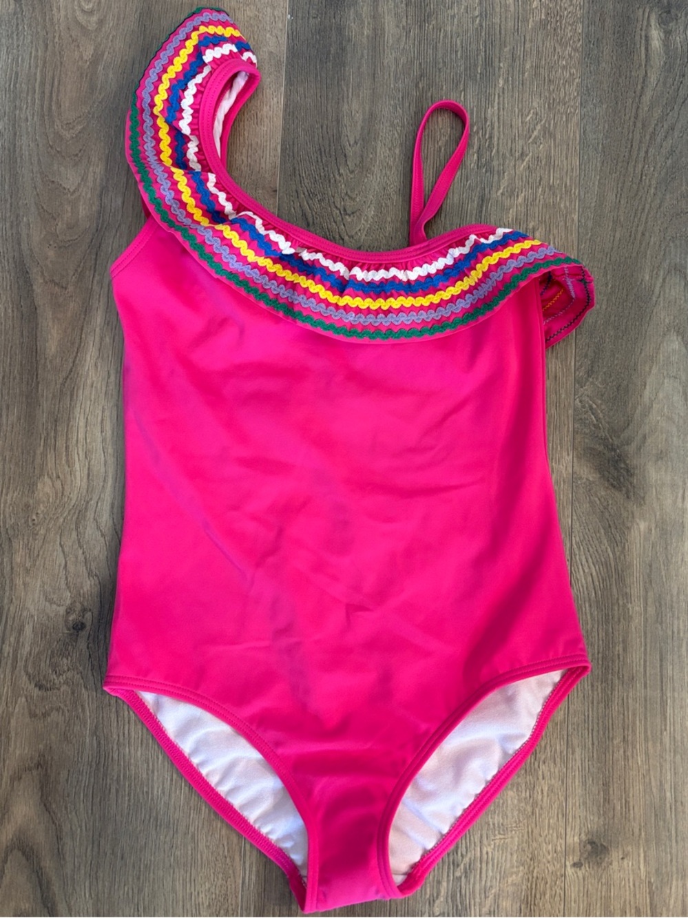 Mini Boden Girls One-Shoulder Pink One-Piece Swimsuit with Multicolor Trim